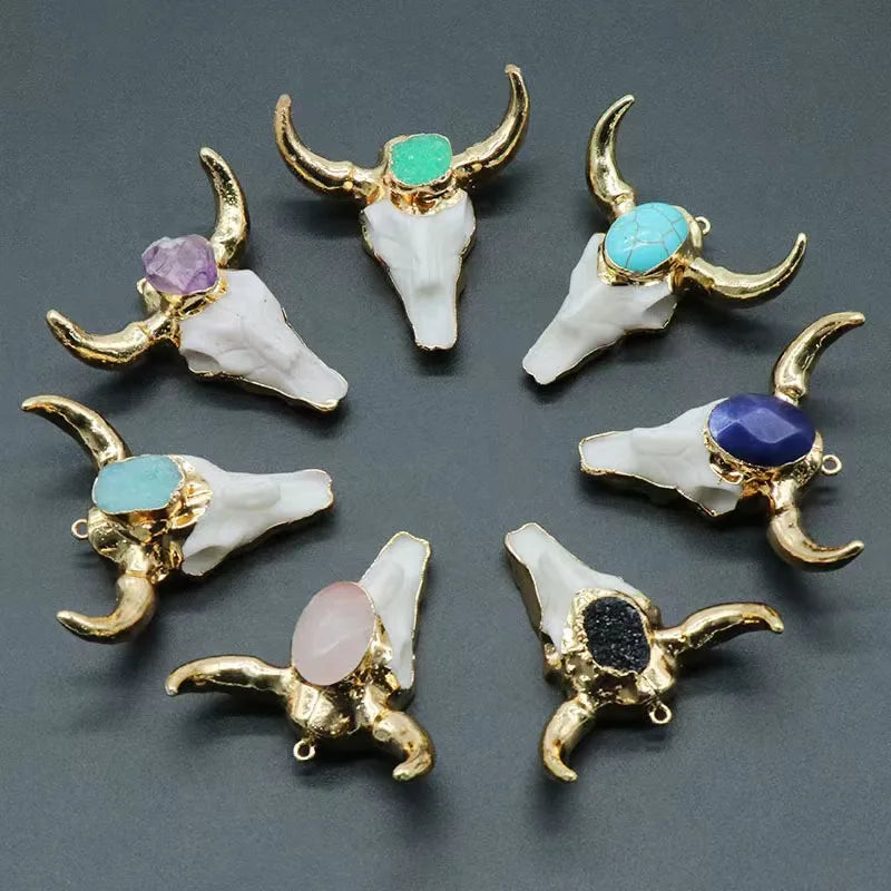 Cool Unisex Trebdy Gemstone Semi-Precious Crystal Gold Ox Cattle Necklace Hip-Hop Bull Head Pendant Fashion Pendants & Charms