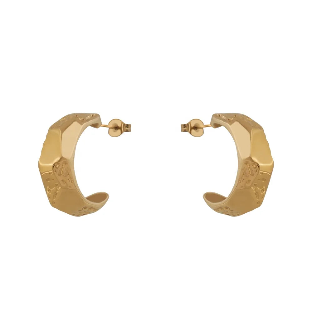 Latest 18K Gold Plated Stainless Steel Jewelry Irregular Printed C Shape Hoop Earring for Women Accessories Earrings E221468
