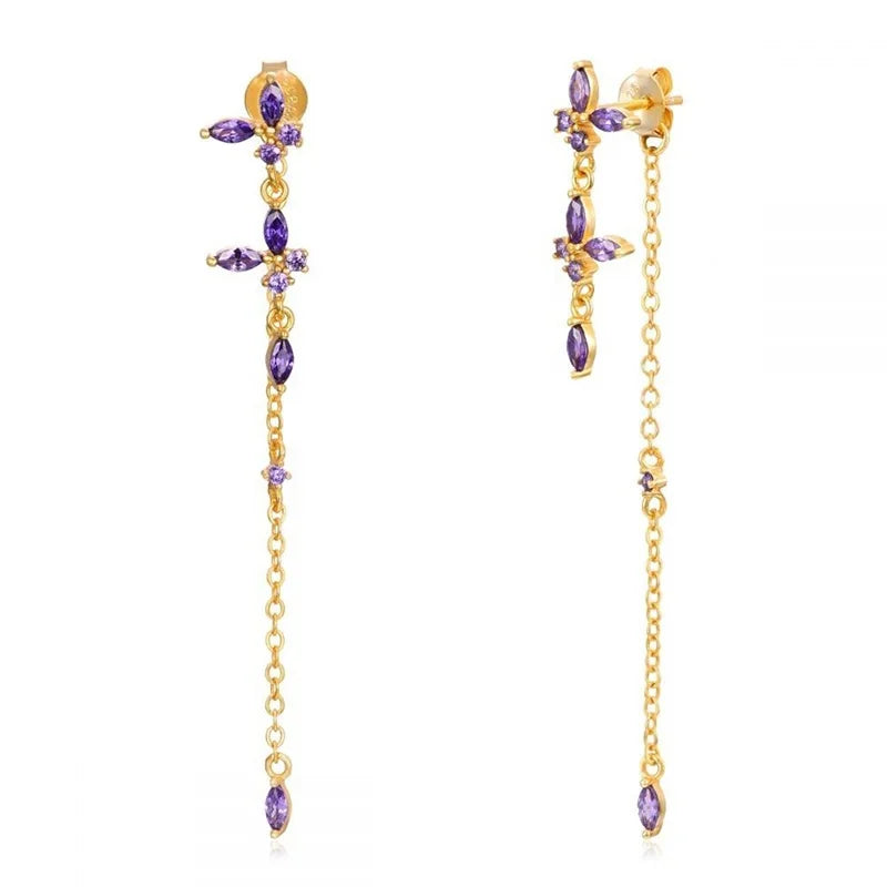 Milskye 925 Silver Gold Plated Colored Stones Small butterfly Flower Dangling Stud Earrings for Women