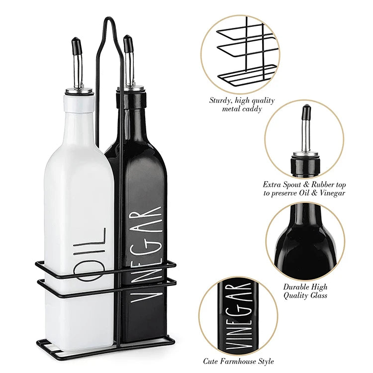 Square White and Black Olive Oil Glass Bottle Stainless Steel Spout Vinegar Oil Glass Dispenser With Handle Set of 2