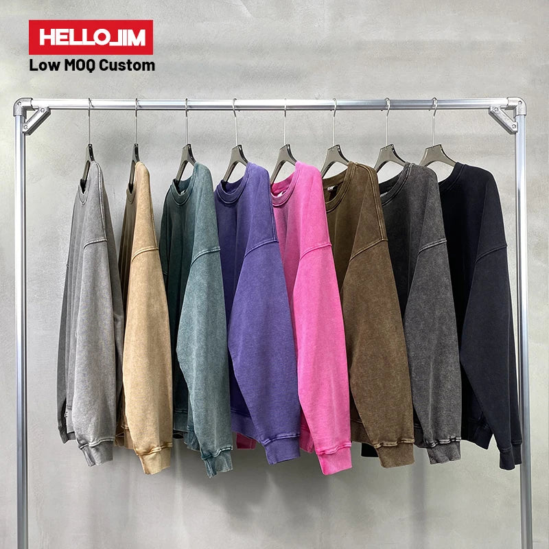 HELLOJIM 2024 New Acid Wash Sweatshirt 100% Cotton Heavyweight Streetwear Crewneck Sweatshirt Vintage