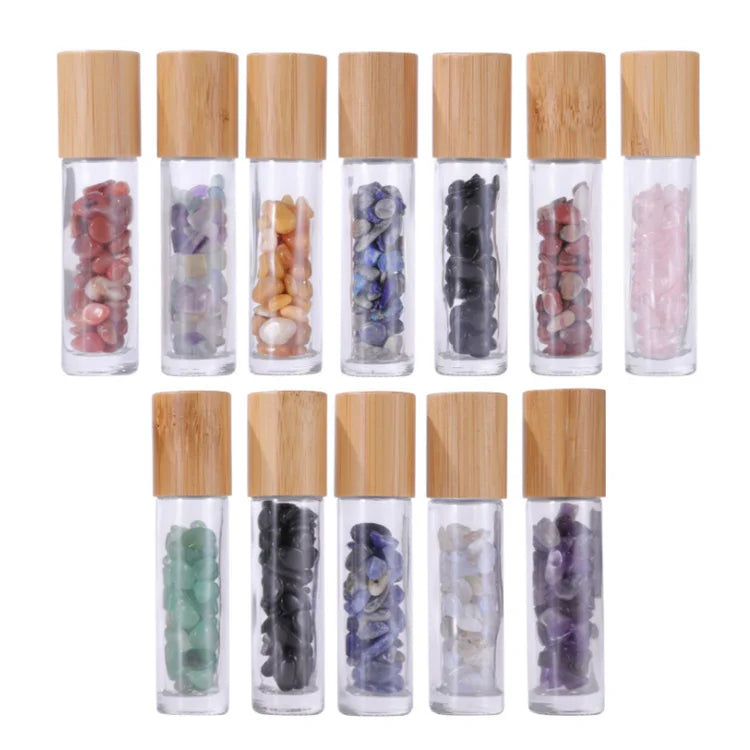 Luxury Essential Oil Gemstone Roller Bottle 10ml Empty Glass Roll on Perfume Bottle with Small Bamboo Lid