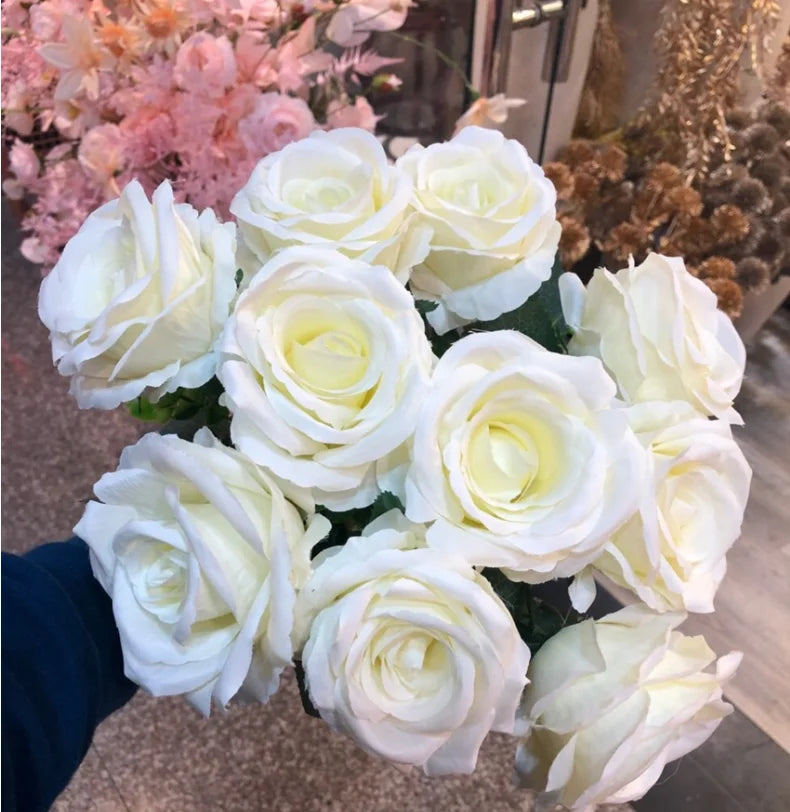 White 10 Branches  Artificial Rose Flower  Bouquet  Wedding Decoration Artificial White Flower Rose for Sale
