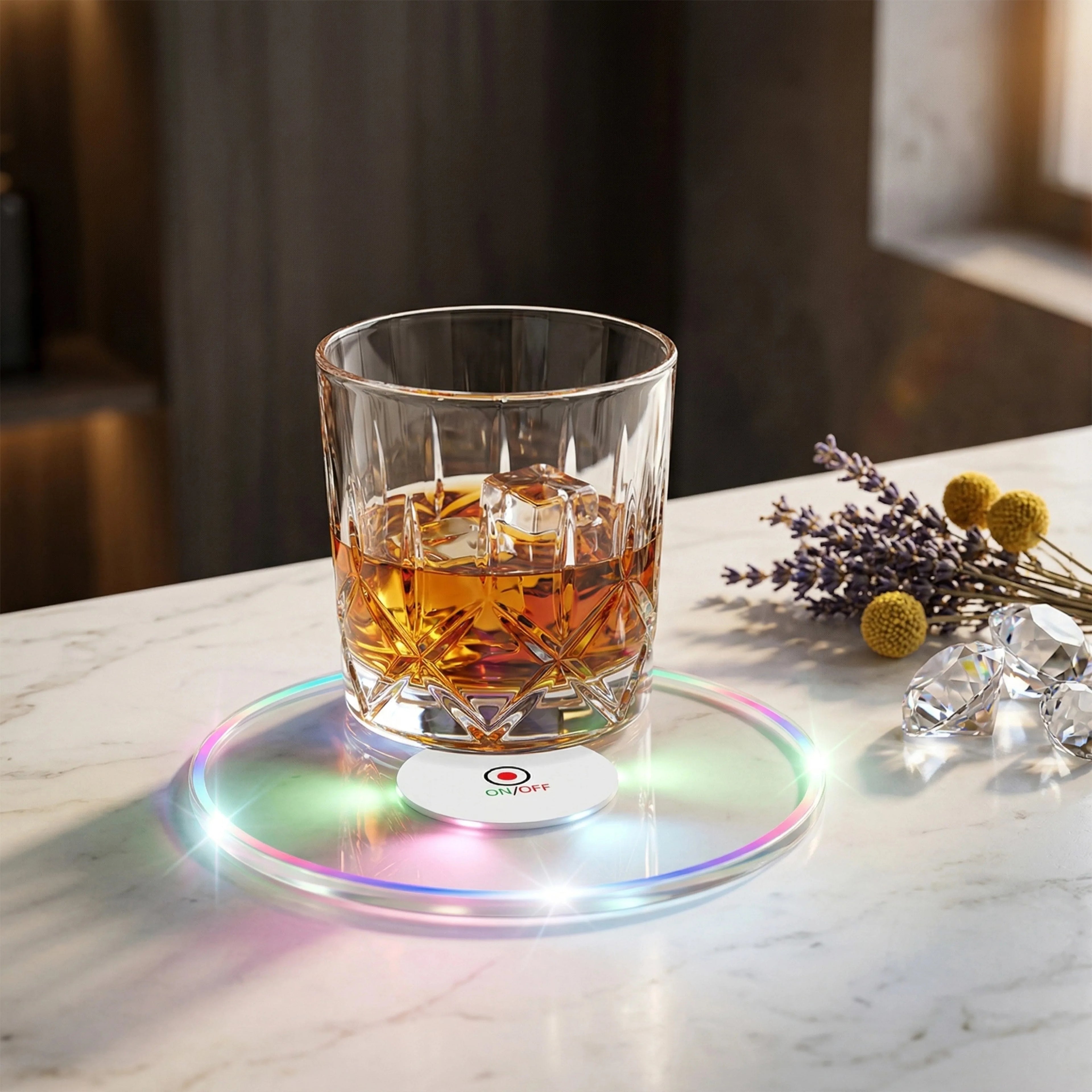 Coolqing Custom LED Light Drink Coaster for Restaurants Battery Powered Plastic Bar Accessories Button Control 10cm Diameter