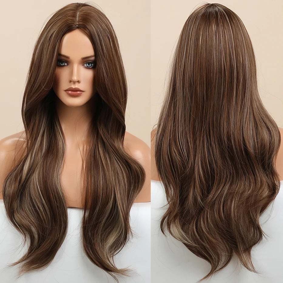 Manufacturer Long Synthetic Wig Brown with Hghlight Middle Part Hair Wig Natural Wavy Synthetic Wigs for Women