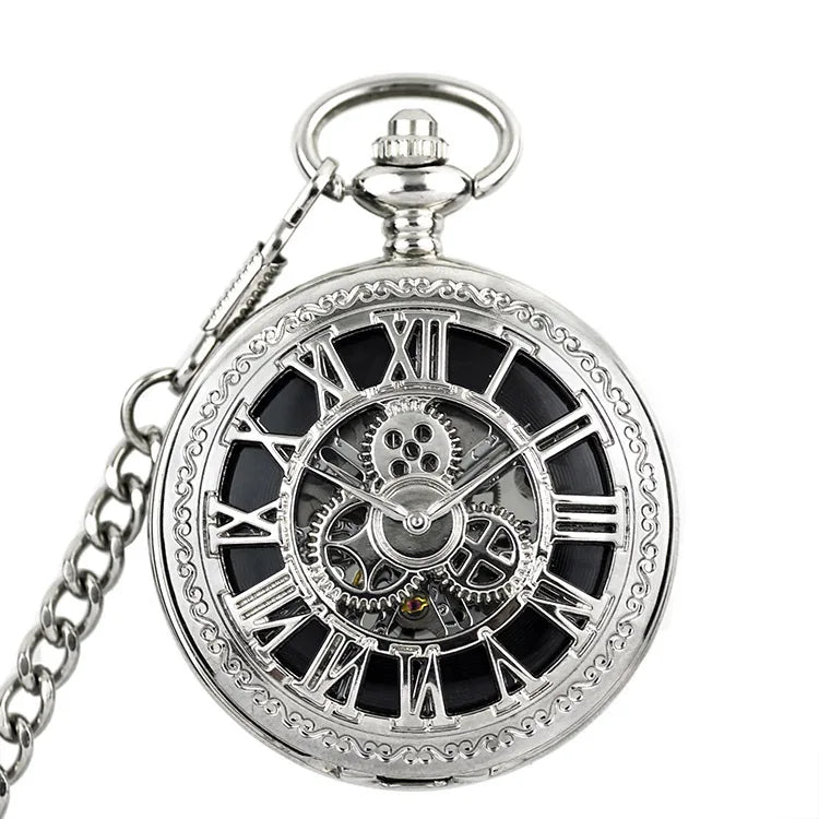 Silver Modern Roman Automatic Mechanical Zinc Alloy Round Case 4.7CM Dial Pocket Watch with Black Paper Box by Weflourish