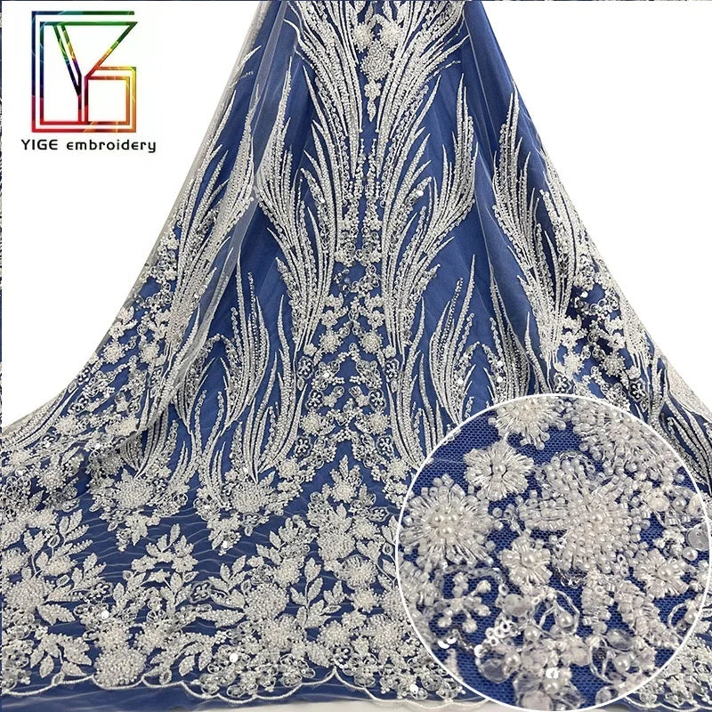 French Bridal Wedding Cord Embroidery With Beaded Mesh Lace Fabric Luxury White Sequin Pearl Tulle Lace Fabric for Dresses Women
