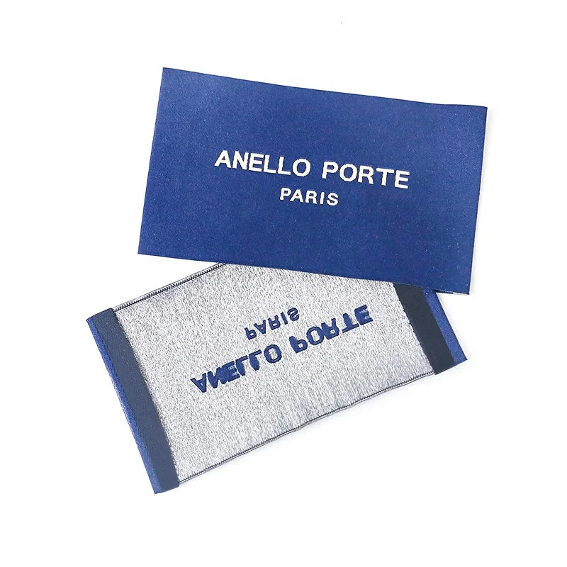 Custom Logo End Fold High Density Blue Woven Polyester Tags Labels for Garments and Bags
