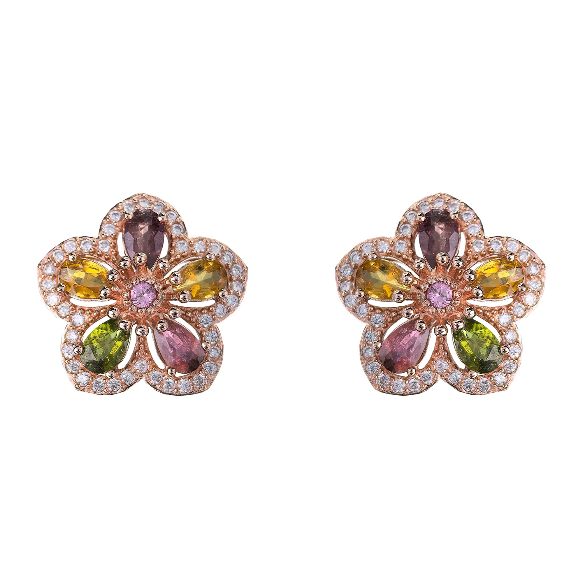 Gorgeous Rose Gold Plated 925 Sterling Silver Natural Tourmaline Flower Stud Earrings Trendy for Engagement Party Mother's Day