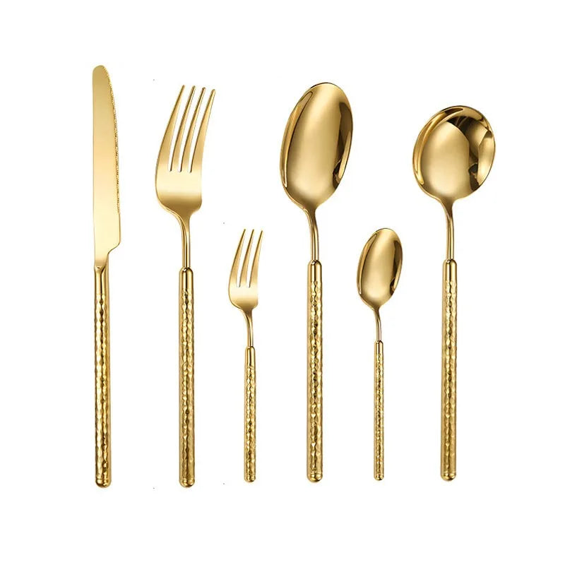 Luxury Hammered Round Handle 304 Stainless Steel Fork Spoon Knife Flatware Set Gold Silverware Wedding Cutlery Set