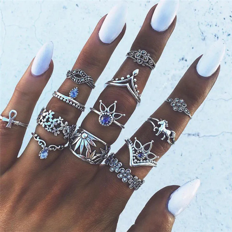 Retro Rings Women  Water Drop Animal Pony Lotus Diamond Ethnic 13-piece  Ring Set