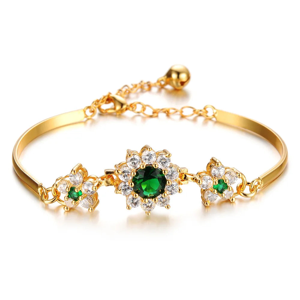 Stylish Crystal Diamond Chain Roman Sparkling Zircon Bridal Green Diamond Brass  Wholesale Copper Bracelet for Women