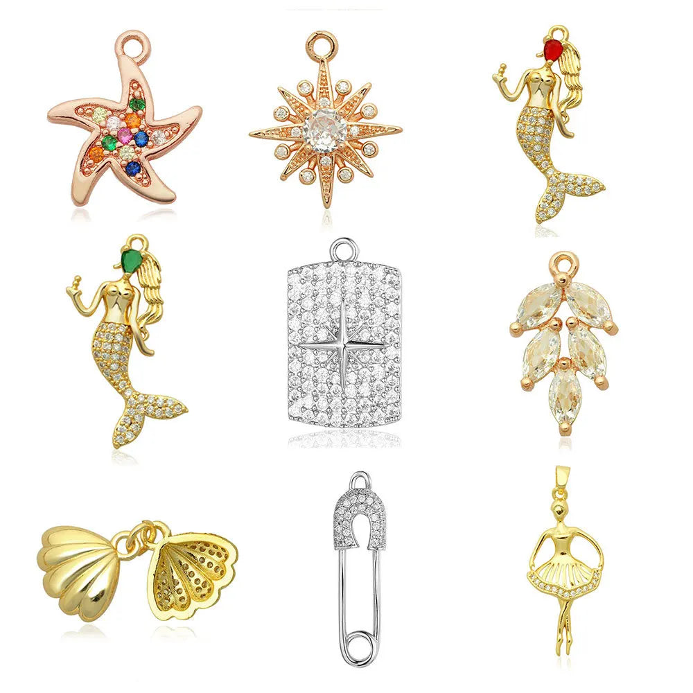 Beimai OEM Charms for Jewelry Making Bowknot Ballet Mermaids Pearl Starfish Shell Copper Inlaid Zircon DIY Jewelry Accessories
