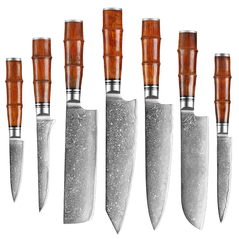 7-Piece Luxurious Damascus Steel Kitchen Knife Set Sandalwood Handles 67-Layer Chef Santoku Boning Paring Knives High-Polish