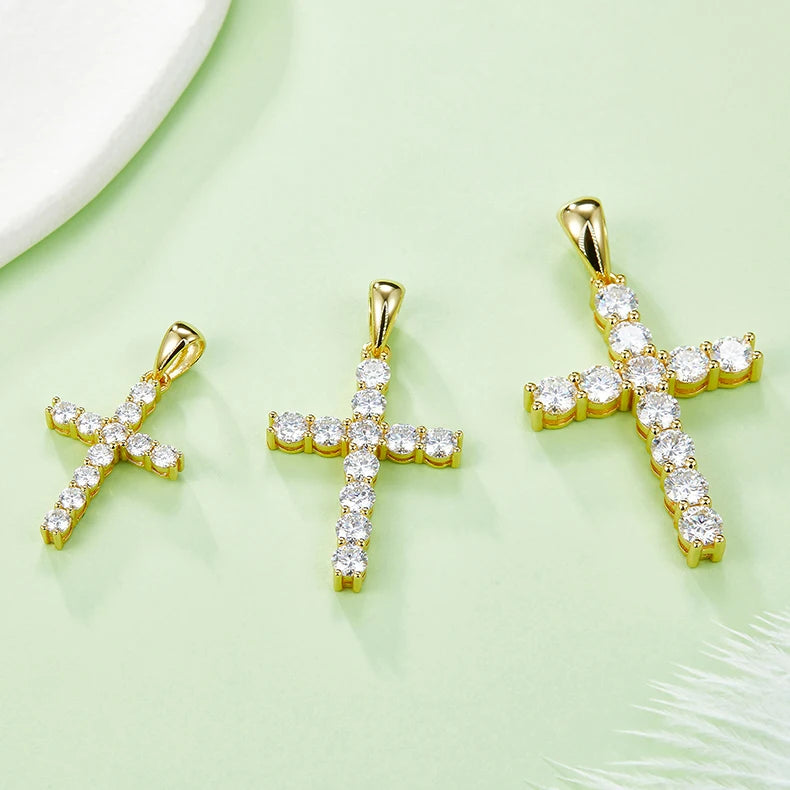 J001 Abiding Jewelry Yellow Gold Plated 925 Sterling Silver Necklace 3mm 4mm 5mm VVS Moissanite Cross Pendant With Diamond