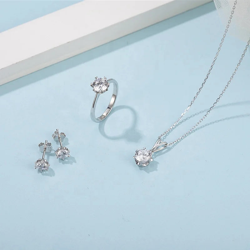 925 Sterling Silver Fine Jewelry Moissanite Solitaire Diamond Necklace and Earring Set for Women