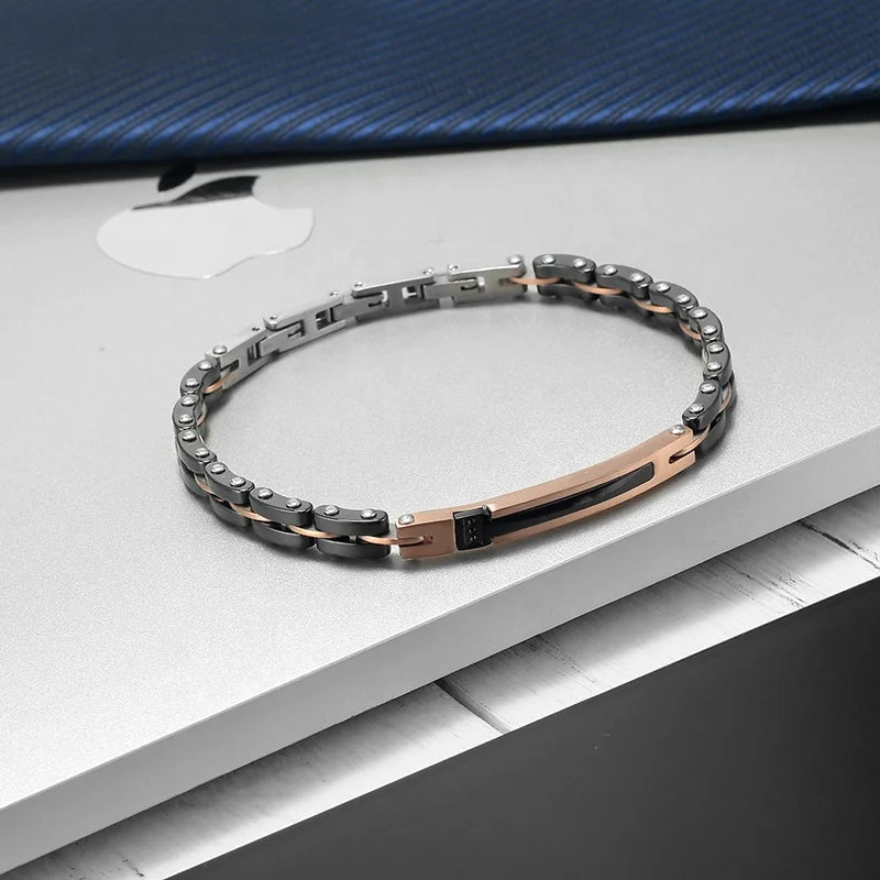 Italian Style Design PVD Rose Gold Plated 316 Stainless Steel Ceramic Bracelet with Black Cubic Zirconia Jewelry for Men