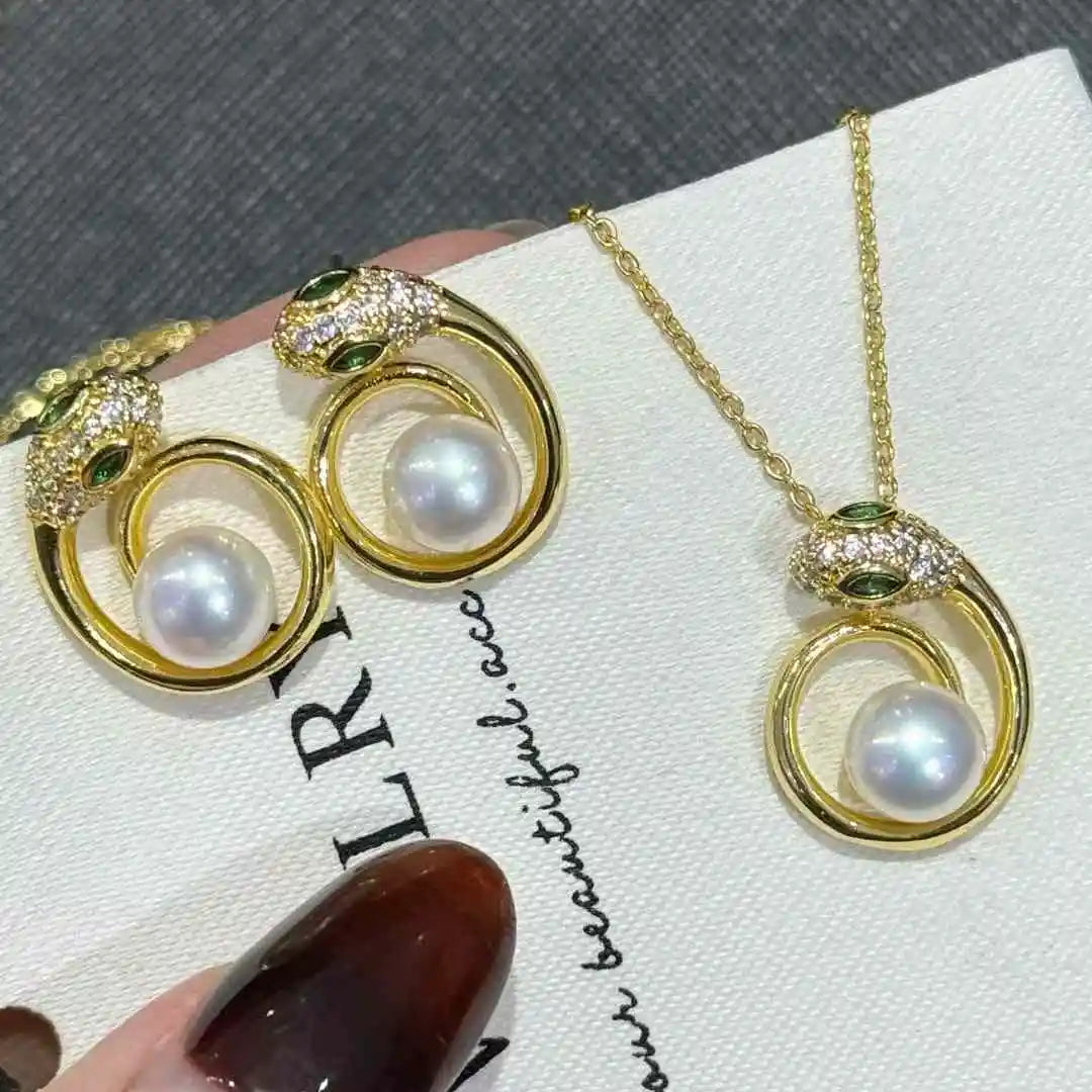 AAAA High Quality 7.5-8mm Freshwater Pearl Necklace and Earring Set Emerald Chinese Snake Year 2-Piece Party Accessory