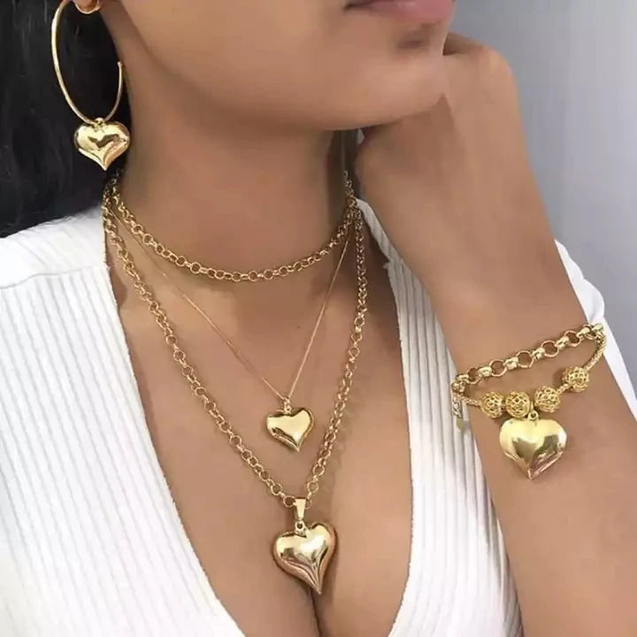 SC New Fashion Women Gold Plated Heart Necklace Earrings Bracelet Jewelry Set Multi Layer Heart Pendants Necklaces
