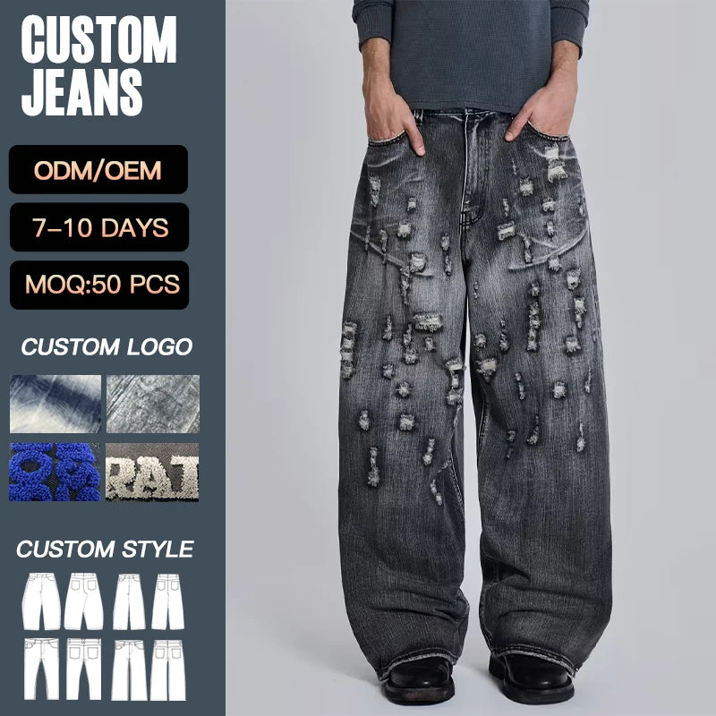 YUCE Customized OEM Distressed Men's Jeans Baggy Heavyweight Cotton Damaged Retro Streetwear Denim Jeans