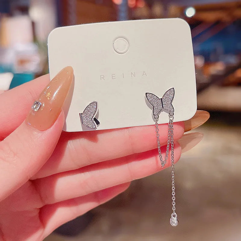 Long Tassel Flash Butterfly Earrings Silver Color Asymmetrical Temperament Pearl Earrings for Women