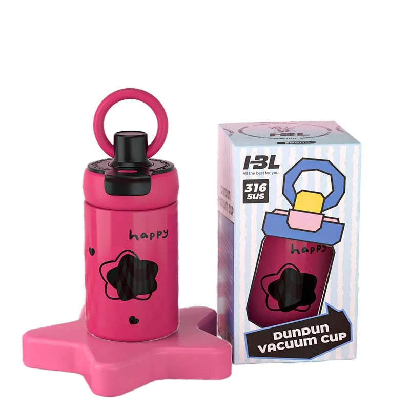 Cute Stainless Steel Water Bottle with Handle School Cup with Two Ways to Drink Kids Straw Water Bottles 500ml