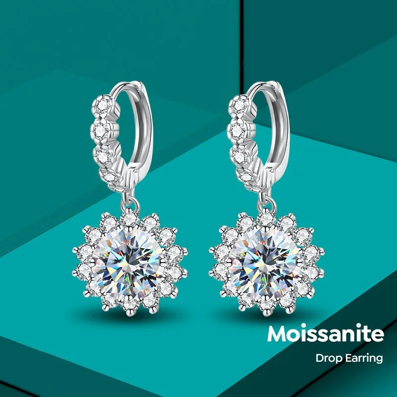 Custom GRA  Real 1 2 CT Wedding Diamond Moissanite Sun Flower Hoop Drop Earring 925 Sterling Silver Fine Jewelry Set Women