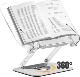 Amasrich Adjustable 360 Rotating Acrylic Book Stand Page Clips Foldable Desktop Bookholder Cookbook Sheet Music Display