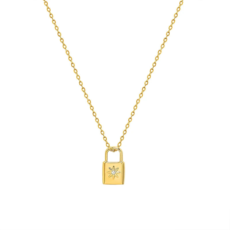 18K Gold Plated Titanium Steel Lock Head Pendant Necklace with Zircon Female Clavicle Chain Simple Rose Pattern for Gift