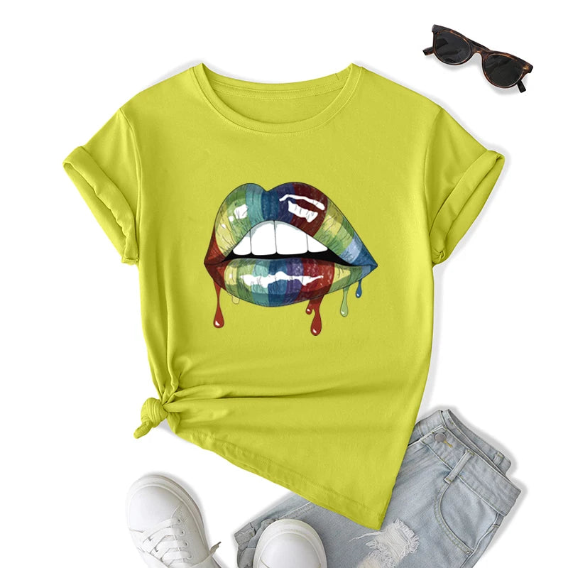 2025 Women's Loose Crew Neck Short Sleeve Eco-Friendly Logo Graphic T-Shirts Solid Lips Print Quick Dry Breathable Casual