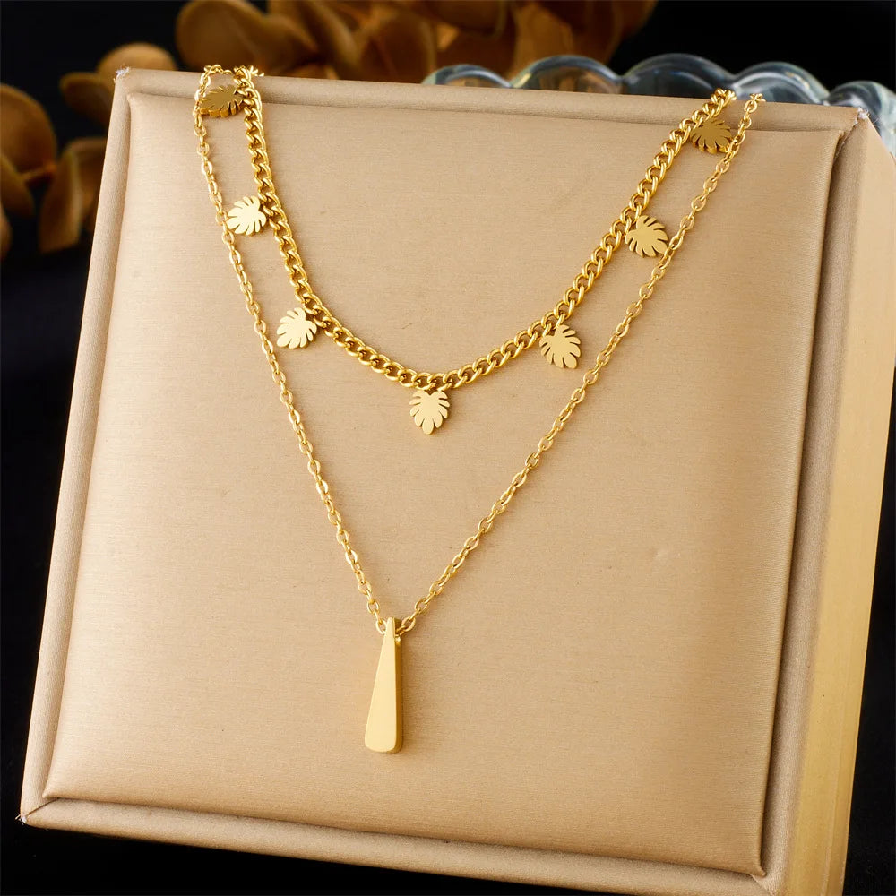 DAIHE Double Layer Gold Plated Stainless Steel Necklaces Trendy Coconut Leaf Geometry Pendants for Women Party Gift Jewelry
