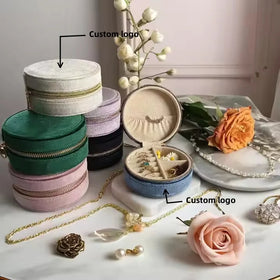 Handmade Leather Travel Jewelry Case Box Organizer Small Round Velvet Storage Box for Rings and Earrings New Product