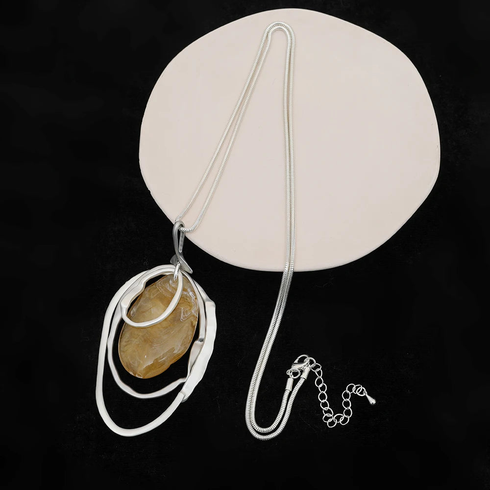 TongLing European Matte Silver Plated Women Jewelry Necklace Irregular Geometric Resin Long Necklace for Daily Accessories
