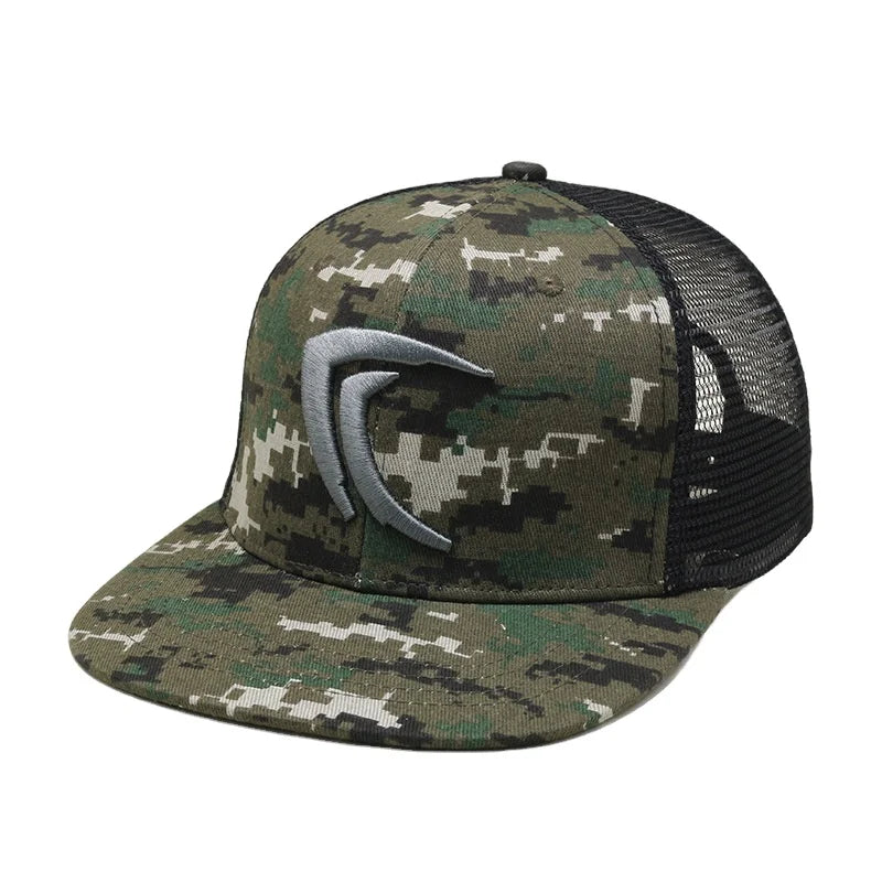GOLDFOUR GC-7088 ODM Factory Custom 3D Embroidery Character Unisex Snapback Flat Bill Caps Camo Trucker Hat Cotton+Mesh Fishing