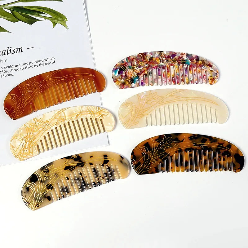 Elegant Classical Style 13.7cm Anti-static Hair Combs Fancy Combs with Gold Printing Plants Pattern Women Acetate Combs