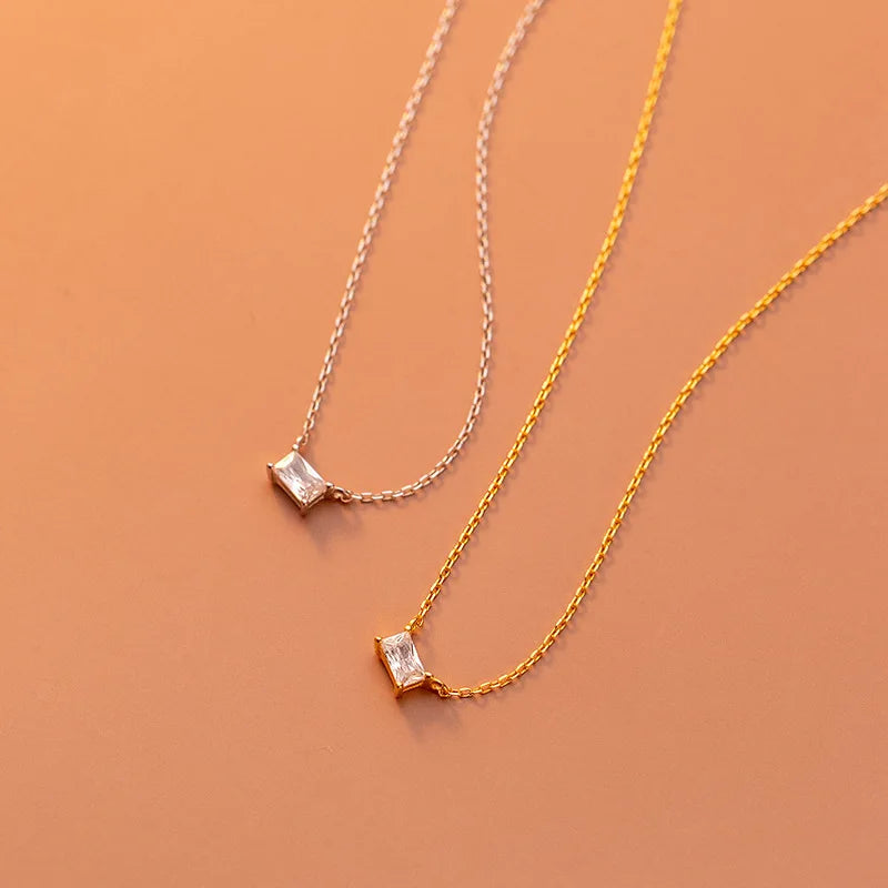 925 Sterling Silver Mini Geometric Square Pendant Gold Plated Chain Cubic Zirconia Necklaces Fashion Jewelry for Women