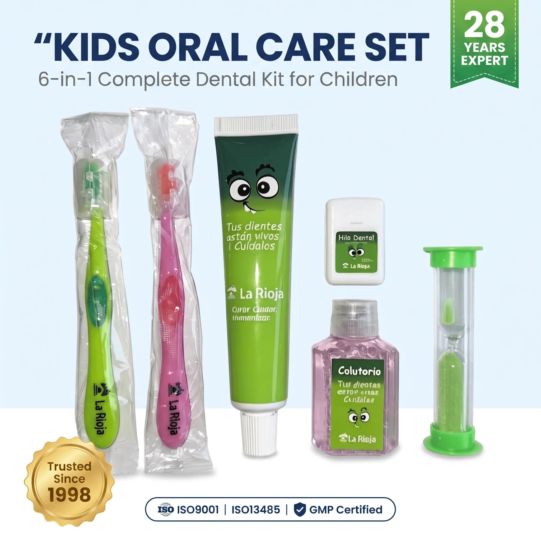 Complete Kids Dental Care Kit with Oral Cleaning Supplies for Daily Use Toothbrushes Toothpaste Dental Floss Mouthwash Hourglass