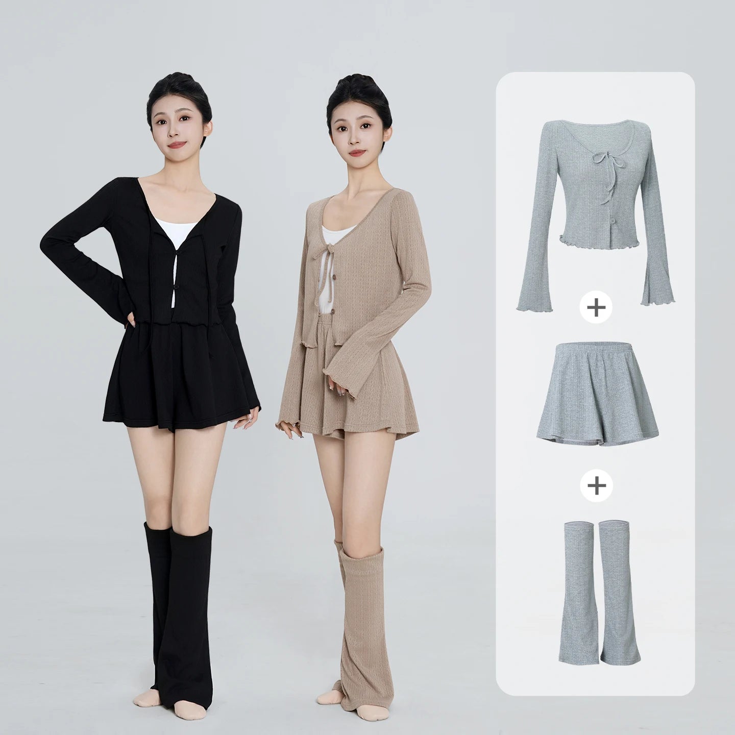 Women Ballet Dance Suits 3 Pieces Lace up Knit Cardigan & Loose Knit Shorts & Flared Leg Warmer Adult Dance Costumes for Ballet