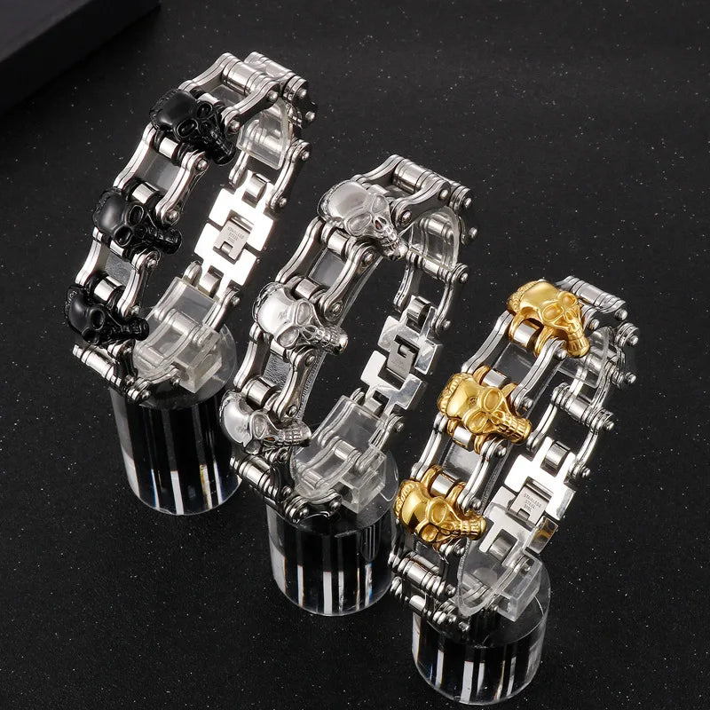 Punk Stainless Steel Skull Design Motorcycle Bike Chain Bracelet for Men Wedding Gift Party-Silver Gold Black Skull Bracelet