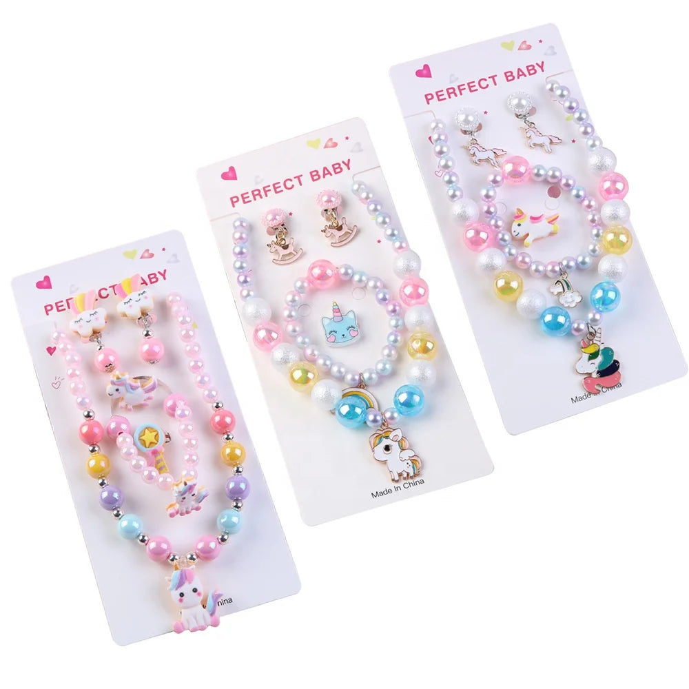 New Children's Cartoon Design Beaded Necklace Set Accessories Unicorn Cute Gift