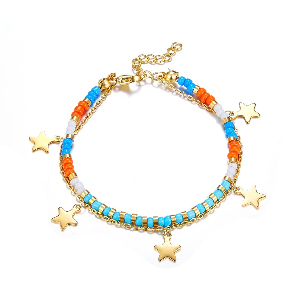 Boho Style Stainless Steel Bracelet Summer Fashion Beach Jewelry Colorful Beaded Bracelet Boho Star Charm Double Layer Bracelet