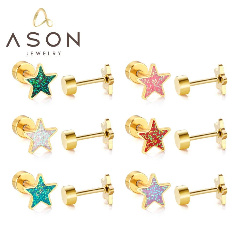 Ason Fashion Star Shape Stainless Steel Stud Earrings 18k Gold Plated Jewelry Simple Screw Earrings for Kids & Girls