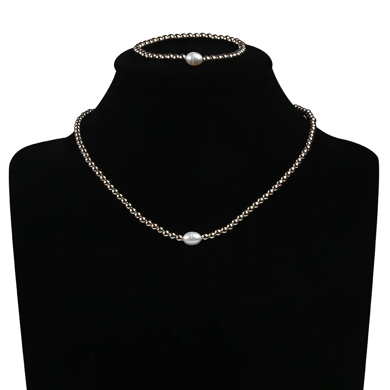 2022 Luxury Women's Bracelet Necklace Set Rice Pearl & 4mm Gold Beads for Wedding Gift Party Engagement Anniversary
