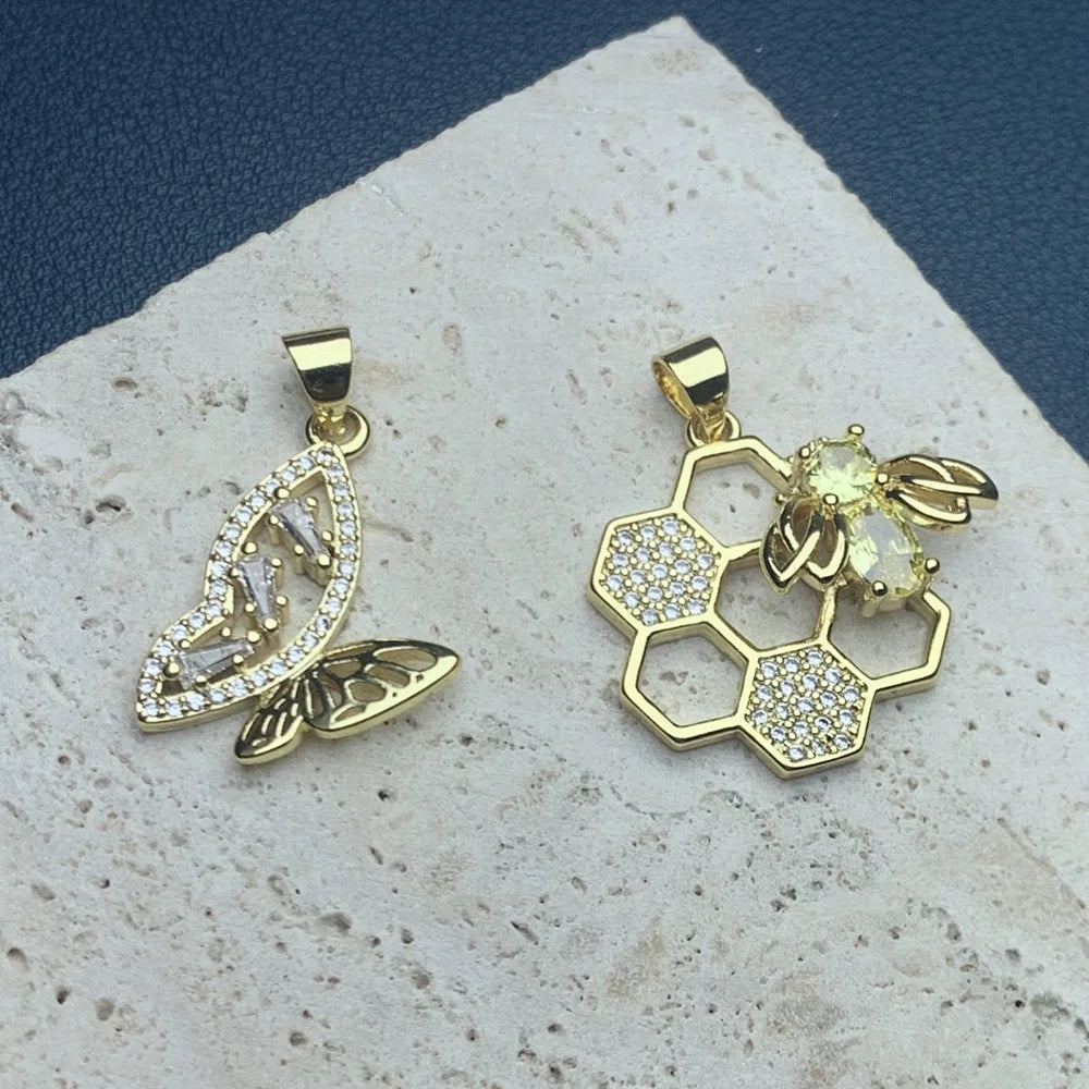 Exquisite Metal Shiny CZ Zircon Bee Butterfly Charms Pendants for Jewelry Making Fashion DIY Necklace Accessories