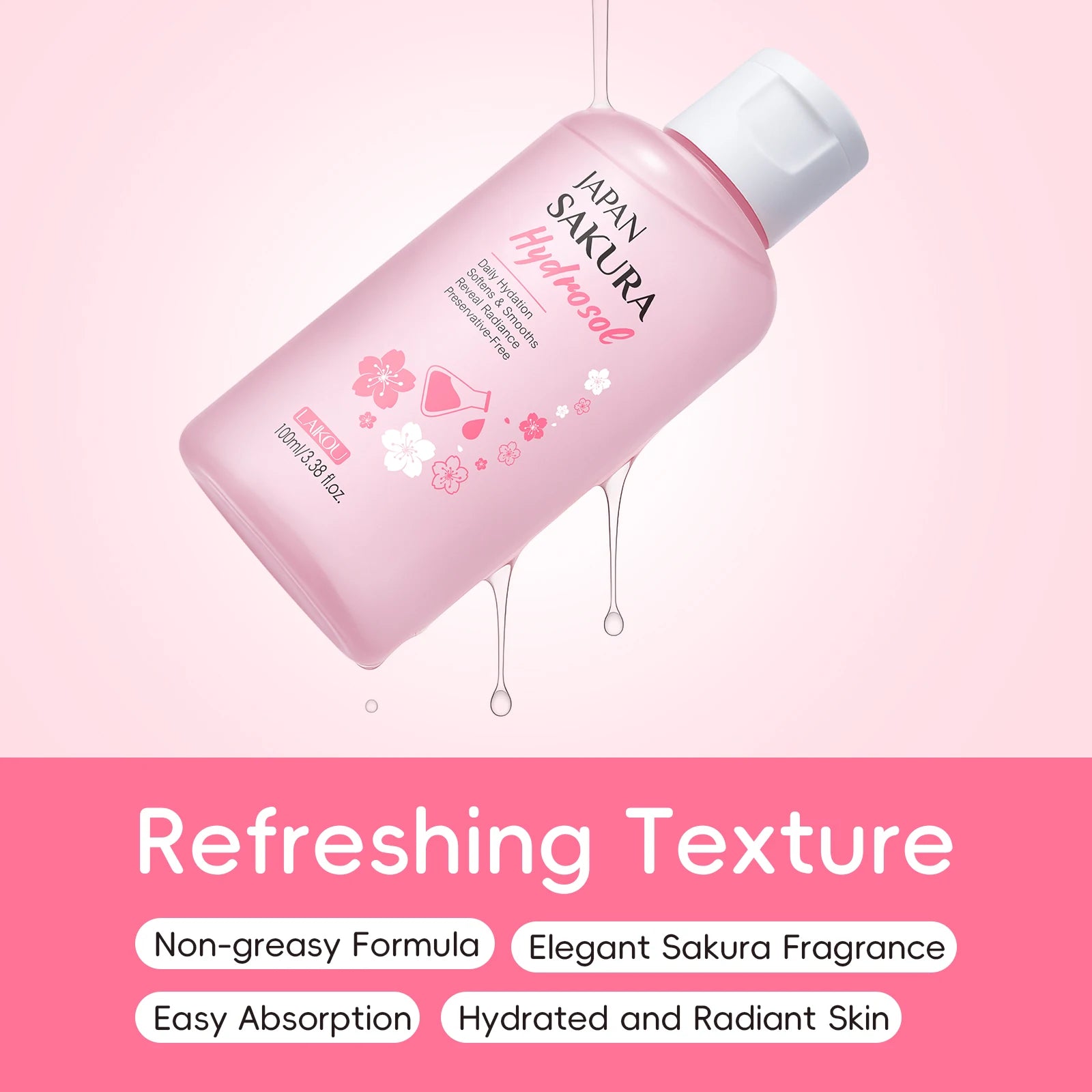 LAIKOU Japan Sakura Hydrosol Facial Skin Care Vegan Daily Hydration Face SPA Mist Spray Toner 100ML