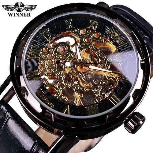 Winner Men Watches Black Gold Male Clock Men Skeleton Top New Luxury Montre Leather Wristwatch Men Mechanical Watch Clock