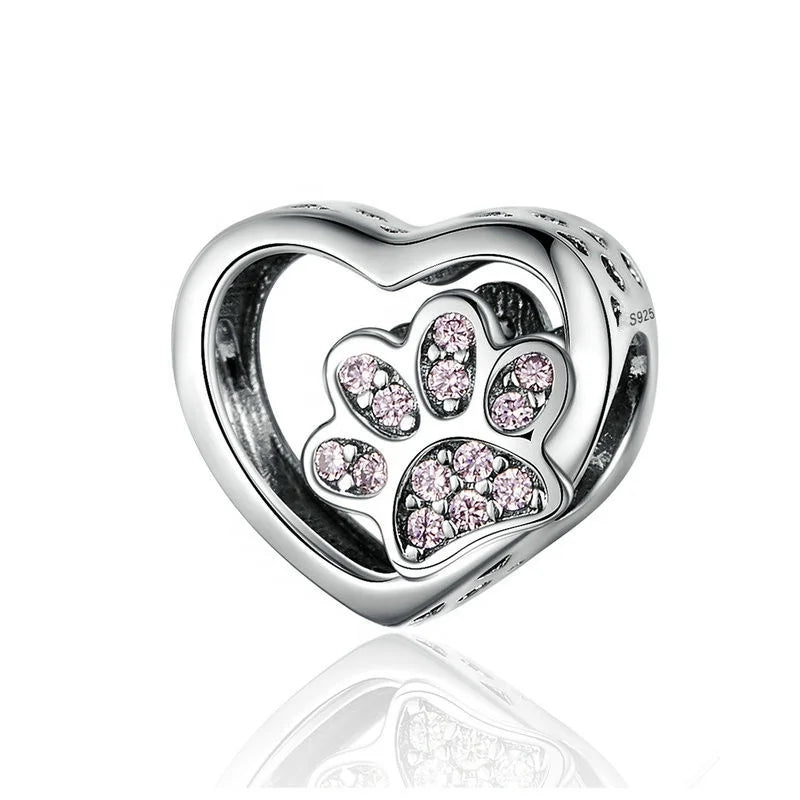 Chain Bracelets Custom DIY Design 925 Sterling Silver Pink Zircon Dog Paw Heart Bead Charms