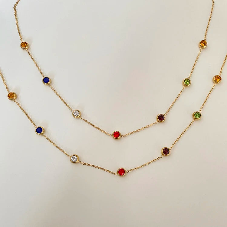 Multi Colors Seven Cubic Zircon Stainless Steel Necklace 18K Gold Plated Necklaces Women Colorful Bohemian Vintage Jewelry Hot