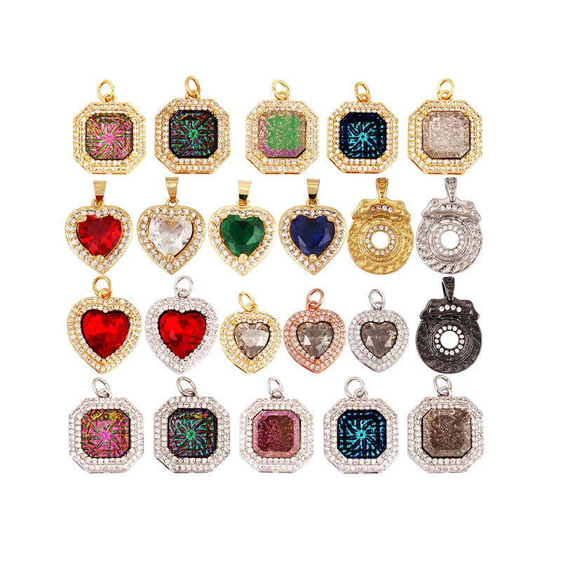 Heart Fortune Wheel Geometric Charm PendantCZ Rhinestone PavedGarnet Pink Green Blue Necklace Bracelet Making Findings M84