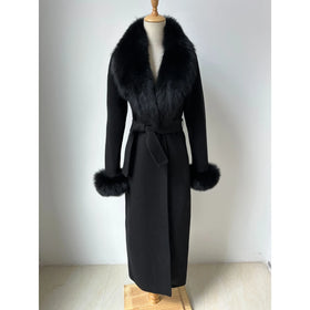 Elegant X-Long Cashmere Fur Overcoat With Real Fox Fur Collar Winter Ladies Genuine Wool Coat With Belt